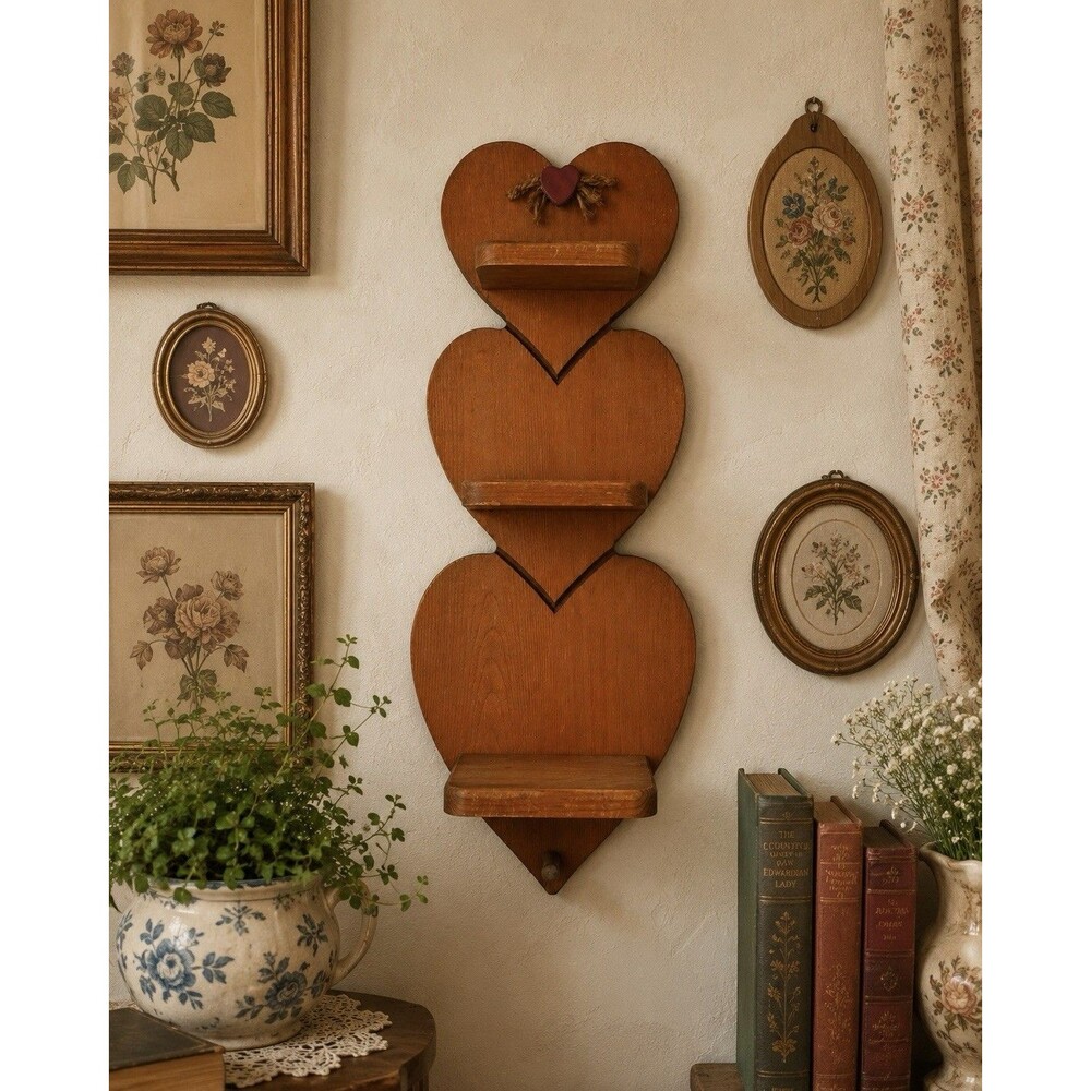 Vintage 3 Tier Wooden Heart Shaped Wall Shelf W/Peg Cottagecore Granny Country